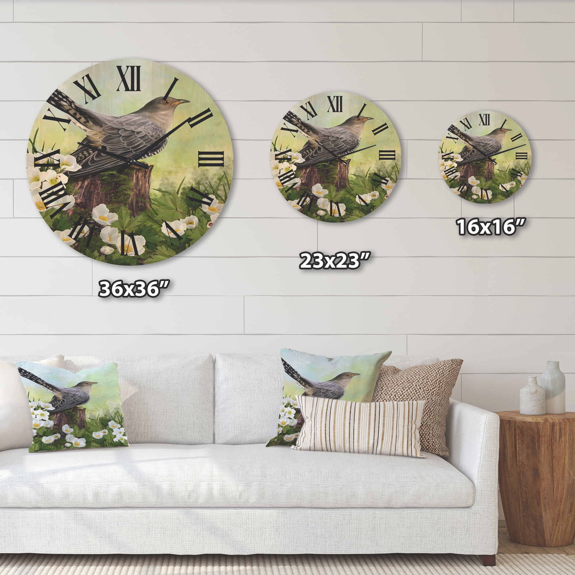 Designart 'Cuckoo Bird On An Old Stump and White Flowers' Traditional Wood Wall Clock
