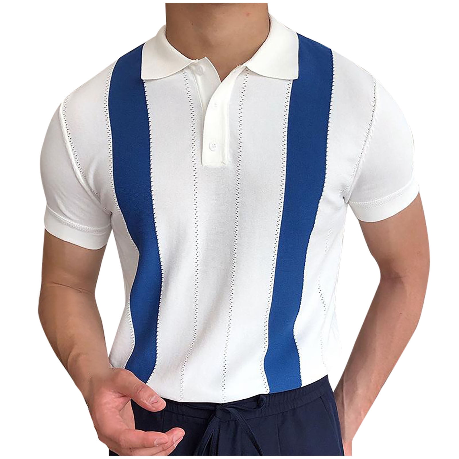 Mens Knit Polo Shirts Short Sleeve Vintage Vertical Stripe Color
