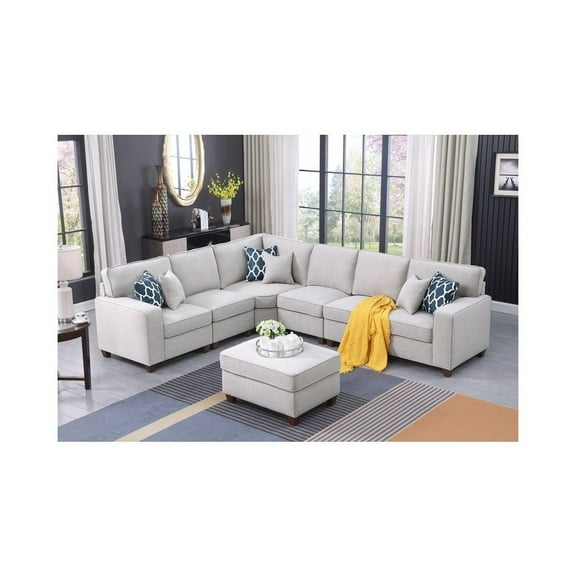 Devion Furniture 7-Piece Upholstered Fabric Sectional with Ottoman in Light Gray