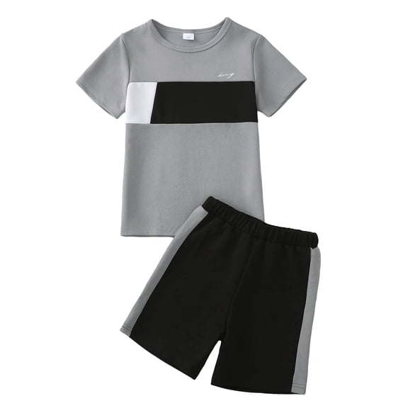 KIMI BEAR 11 Years Big Boys Summer Clothes Set 12 Years Tween Youth Kids Outfits Short Sleeves Color Block T-shirt Top Shorts Set 2pcs Clothing Gray