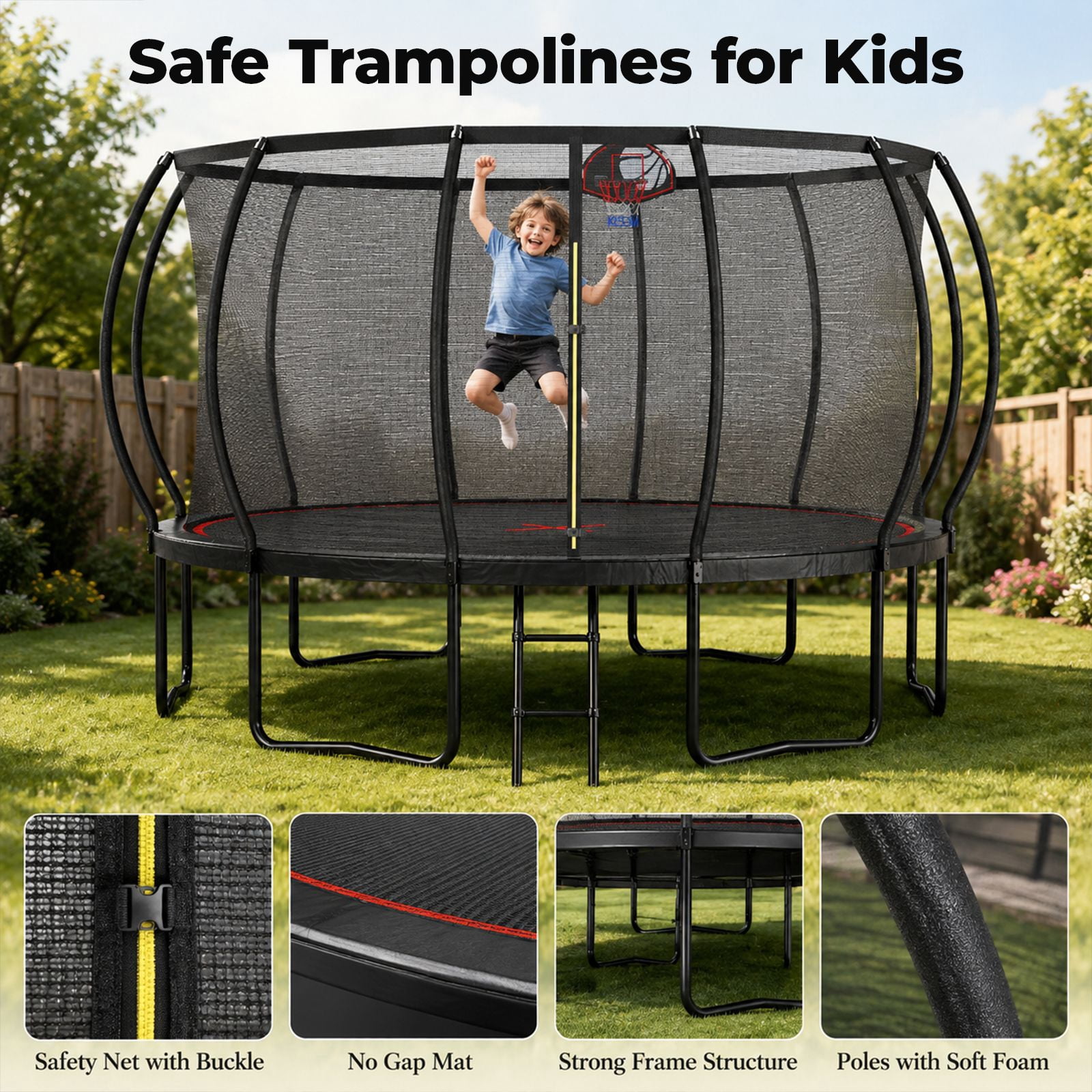 Alvantor 14Ft Trampoline for Kids & Adults, Pumpkin Trampoline with Enclosure Net and Ladder for Backyard Black Red