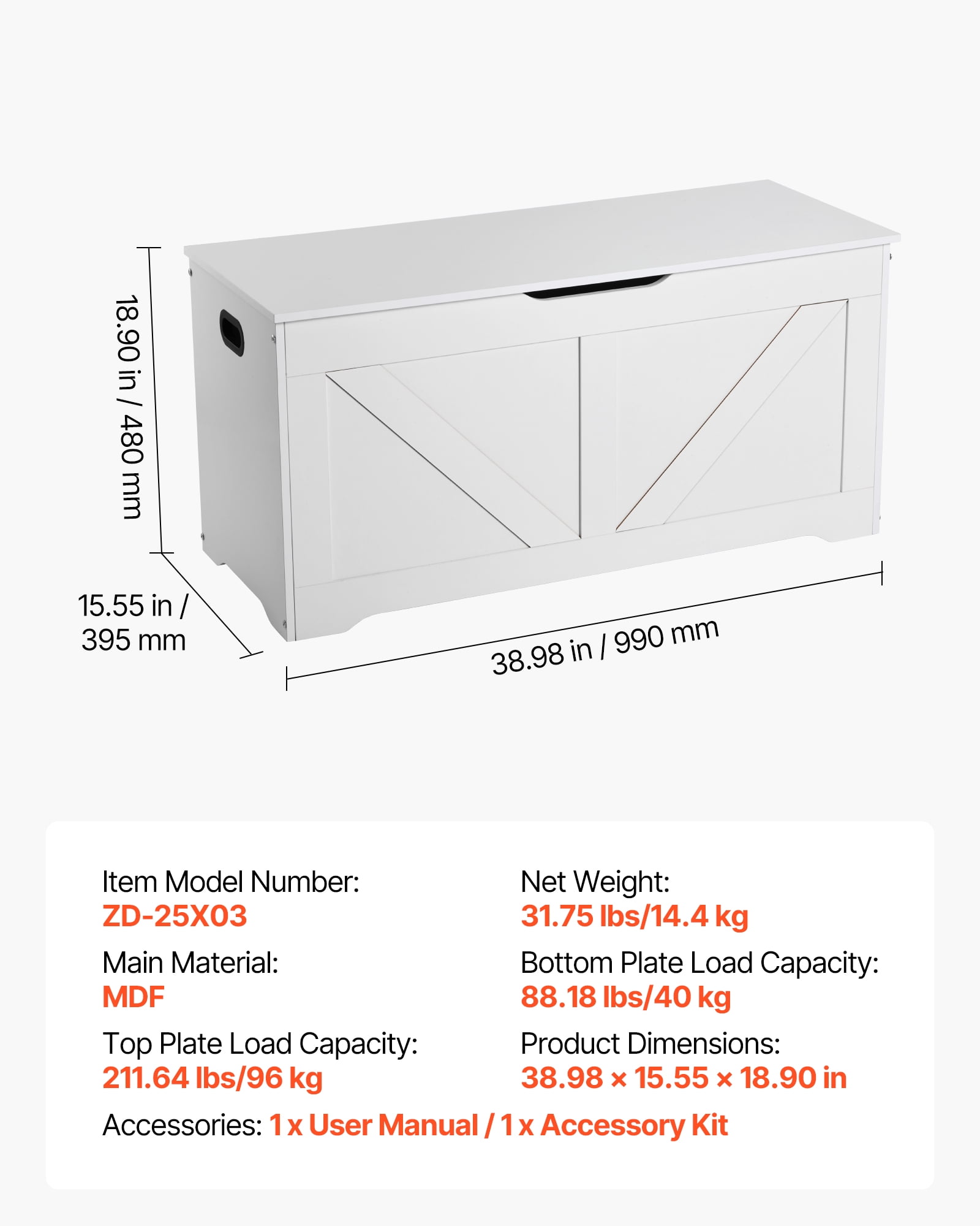 VEVOR Kids Storage Bench, Wooden Toy Box Chest, Large Storage Cabinet with Safety Hinge, Toddlers Storage Bench for Playroom, Living Room or Entryway, Easy Assembly, 38.98 x 15.55 x 18.9 in, White