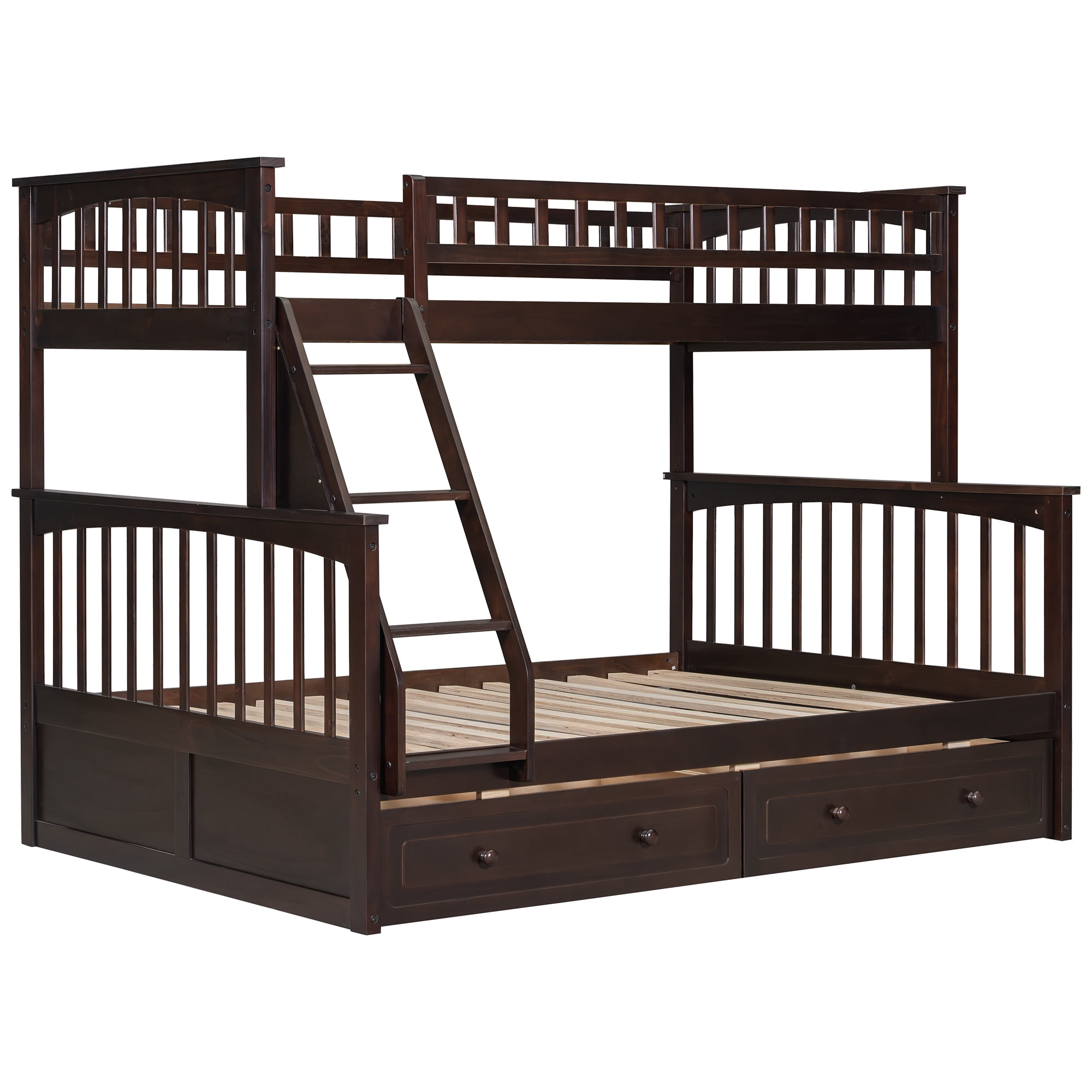 Euroco Wood Twin over Full Bunk Bed with Drawers, Convertible Two Beds in One, Espresso