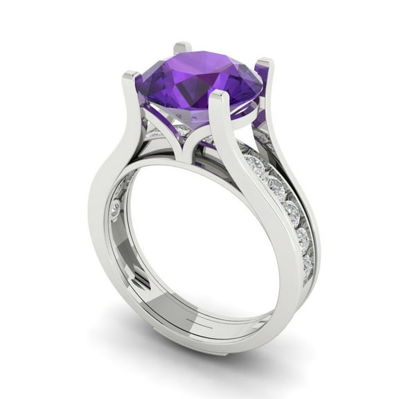 3.39 ct Brilliant Round Cut Natural Amethyst 14k White Gold Solitaire with Accents Engagement Bridal Wedding Ring Band Set size 3.75