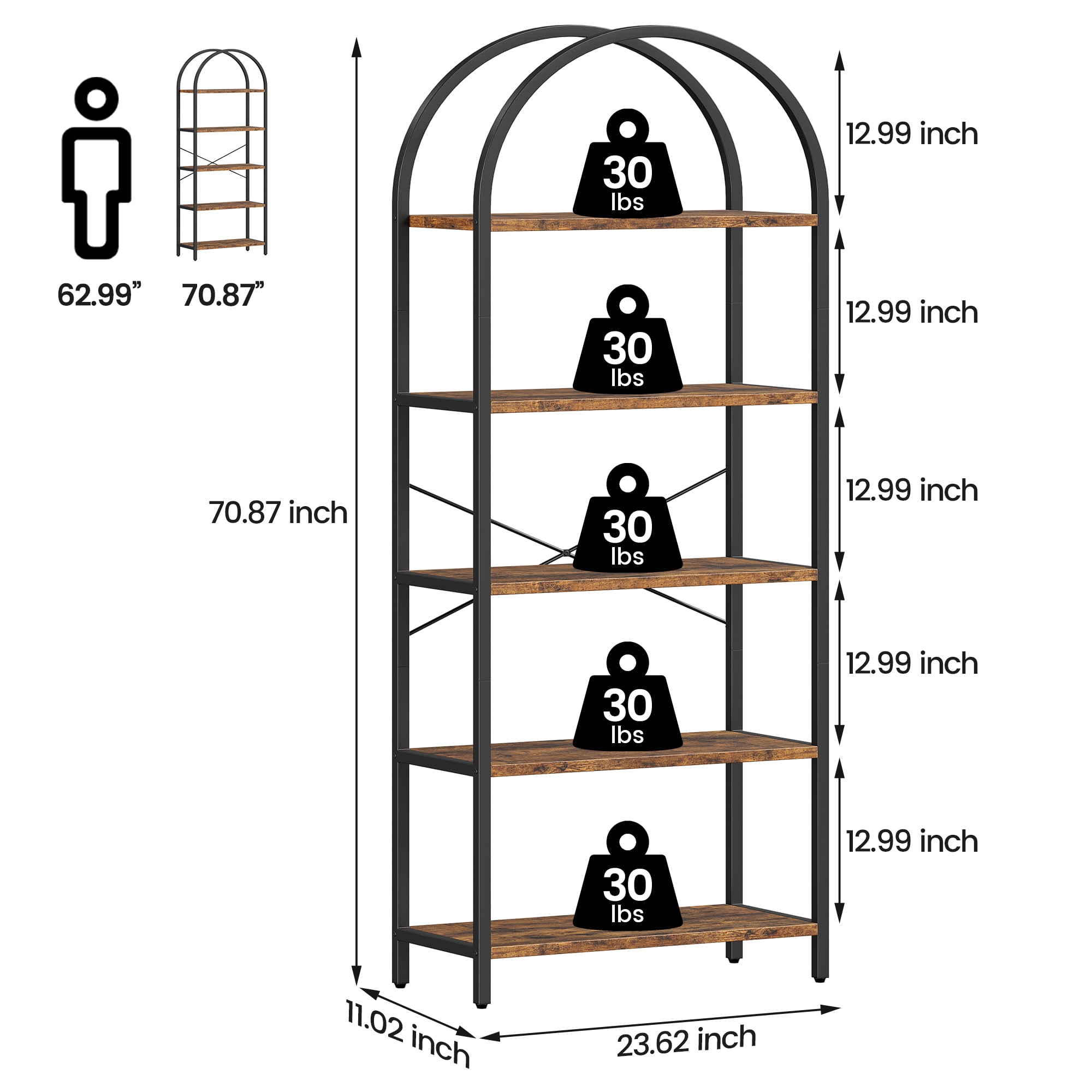 Memoryfield 5 Tier Bookcase, Arched Display Racks Bookshelves, Metal Frame Modern Storage Rack Shelf Large Wood Book Shelf for Bedroom, Living Room, Home Office, Black + Rustic Brown