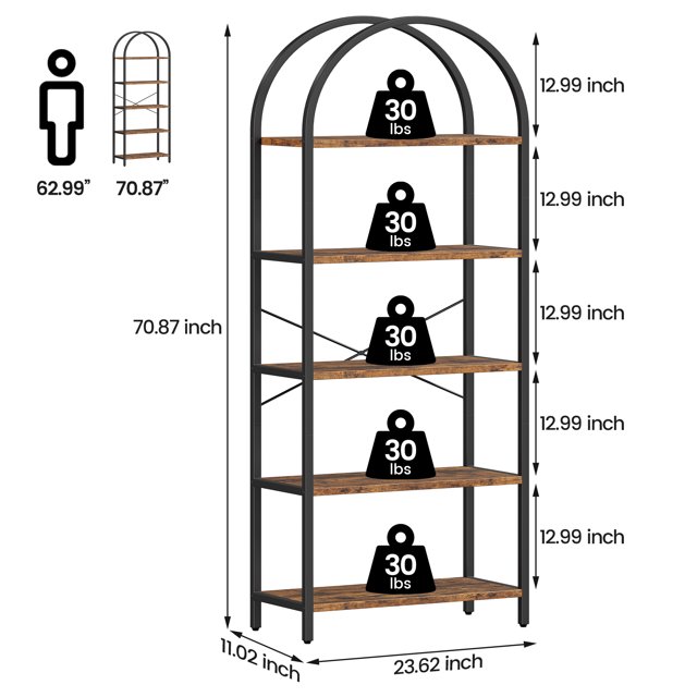 Modern Arched Bookshelf – 5-Tier Tall Standing Open Bookcase – Metal Frame, Wood Display Rack – Large Storage Shelf – Perfect for Bedroom, Living Room – Contemporary Book Storage Furniture