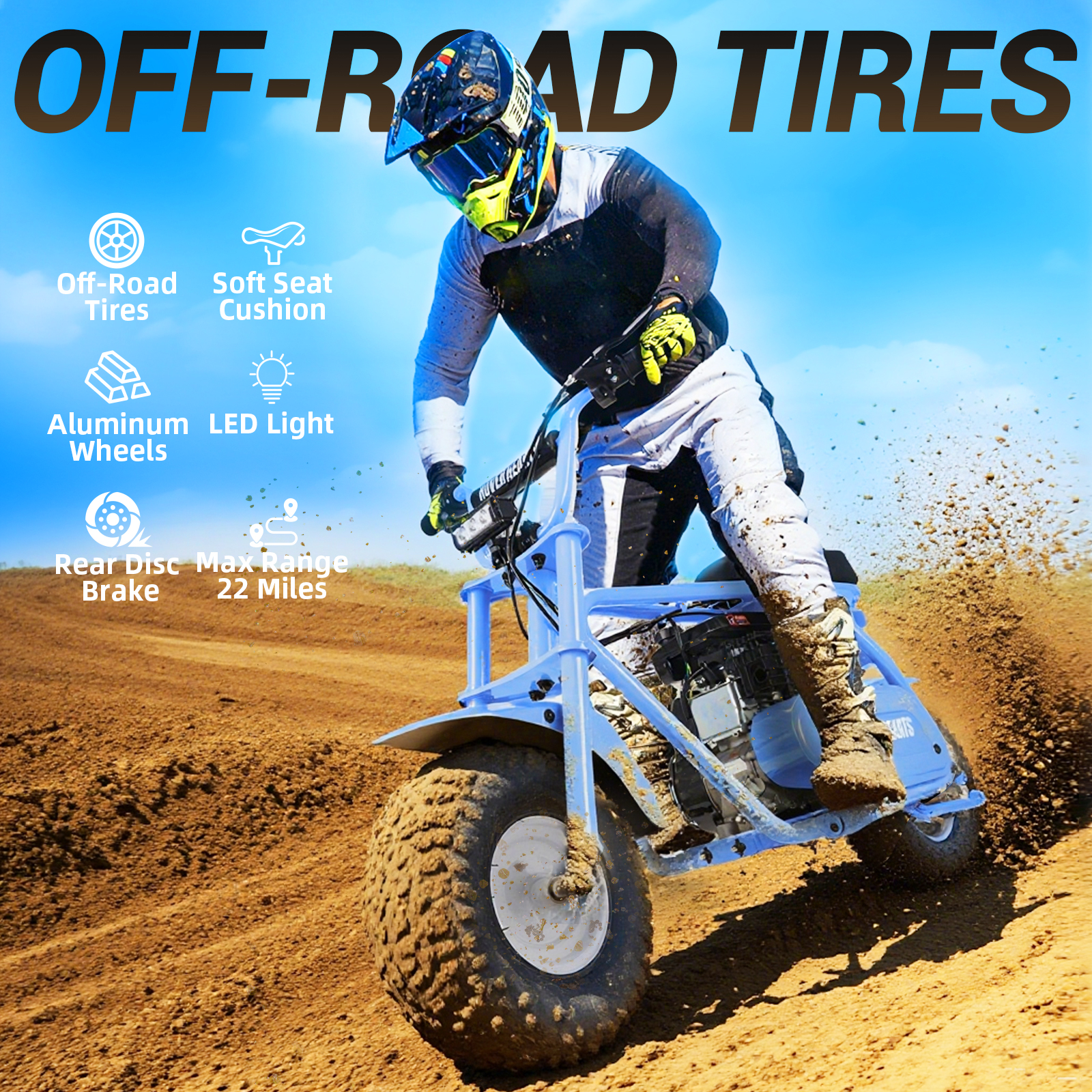 Aoemoe MB001 Gas Powered Mini Dirt Bike 99CC for Teens and Adults, 22MPH Off Road Motorcycle, Weight Support Up to 200 LBS - Blue