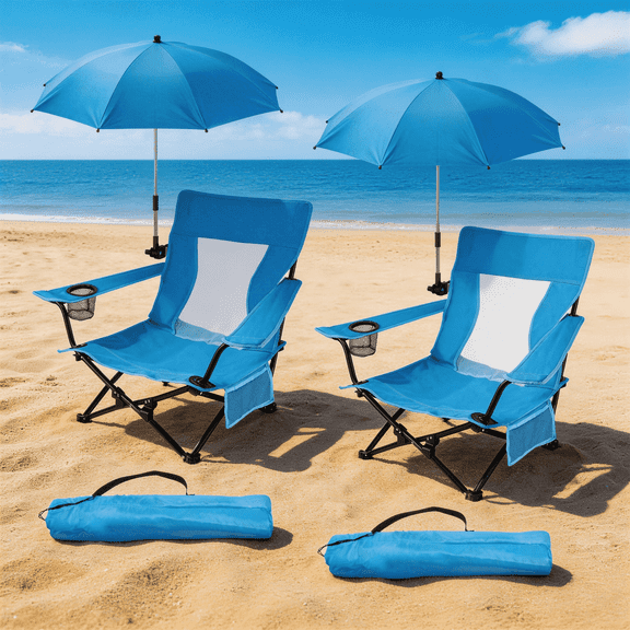 Walchoice 2 Pack Beach Chair with Umbrella, Folding Oversized Camping Chair with Adjustable Umbrella, Wide Seat Chair with Cup Holder & Carry Bag for Picnic Patio Outdoor, Blue