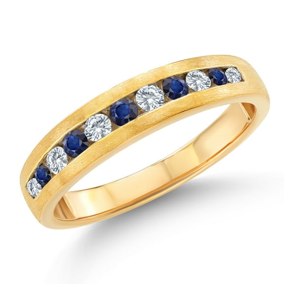 Gem Stone King Men's 10K Yellow Gold White Lab Grown Diamond and Blue Sapphire Satin Finish Wedding Band Ring for Men | 0.63 Cttw | Size 9