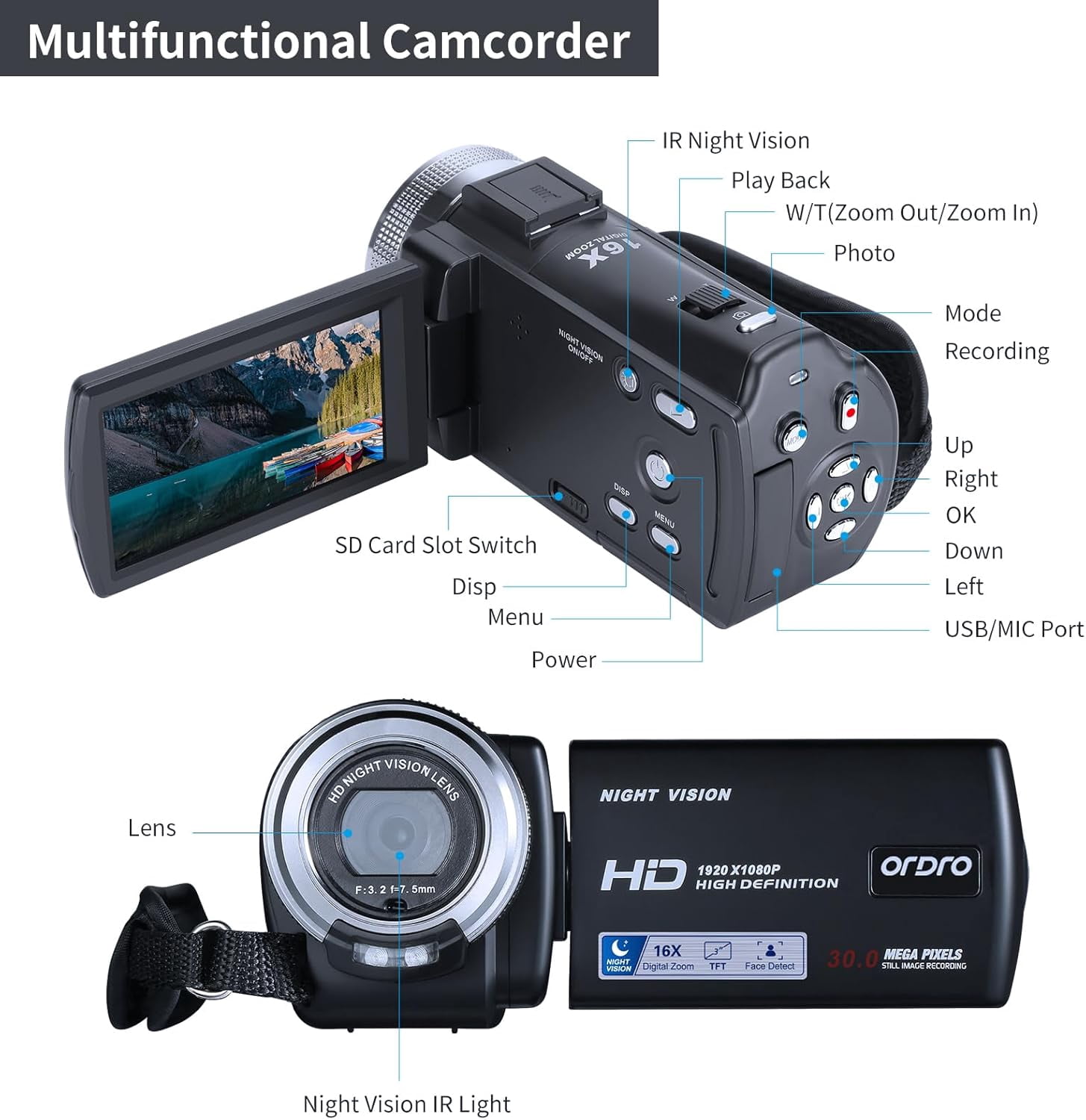 ORDRO Camcorder Video Camera HDV-V12 1080P Infrared Night Vision 16X Zoom Digital Vlogg Camera