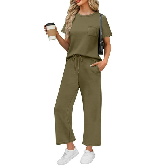 WULMLEO Two Piece Sets for Women Spring Tops and Pants Cool Travel Matching Outfits Summer Crew Neck Short Sleeve Beach Vacation Clothes Army Green L