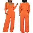 thumbnail image 2 of Womens V Neck Wide Leg Jumpsuits with Pockets Ribbed Long Sleeve Coat Pants 2 Piece Sets Outfits, 2 of 5