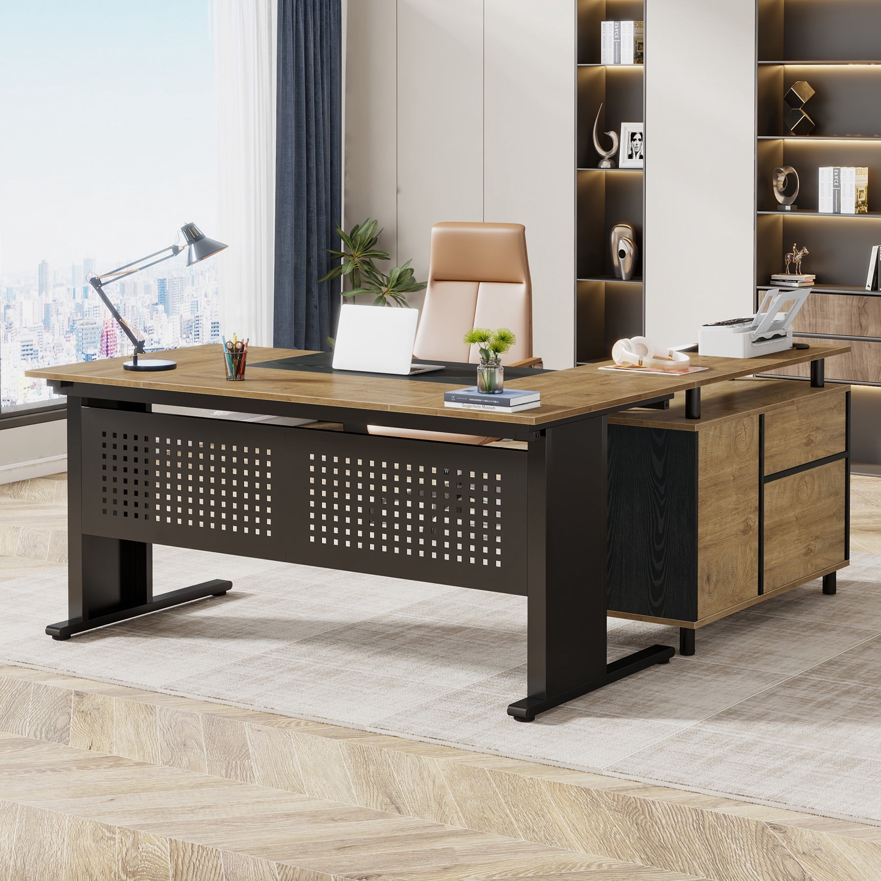 Finmind 63" L-Shaped Executive Desk with File Cabinet, Large Office Computer Desk with Drawers and Shelves, for Home Office, Light Brown and Black