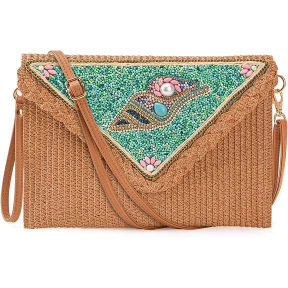 Boho Beaded Straw Crossbody Clutch Bags for Women Summer Beach Shell Embellished Handbags