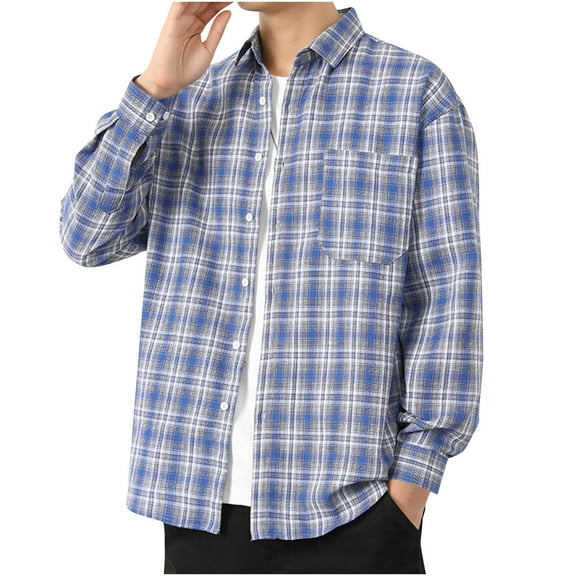 Wyobmus Long Sleeve Flannel Shirt for Men Long Sleeve Checkered Print Blouse Loose Fit Youth Button Down Casual Plaid Collared Shirt A-Blue