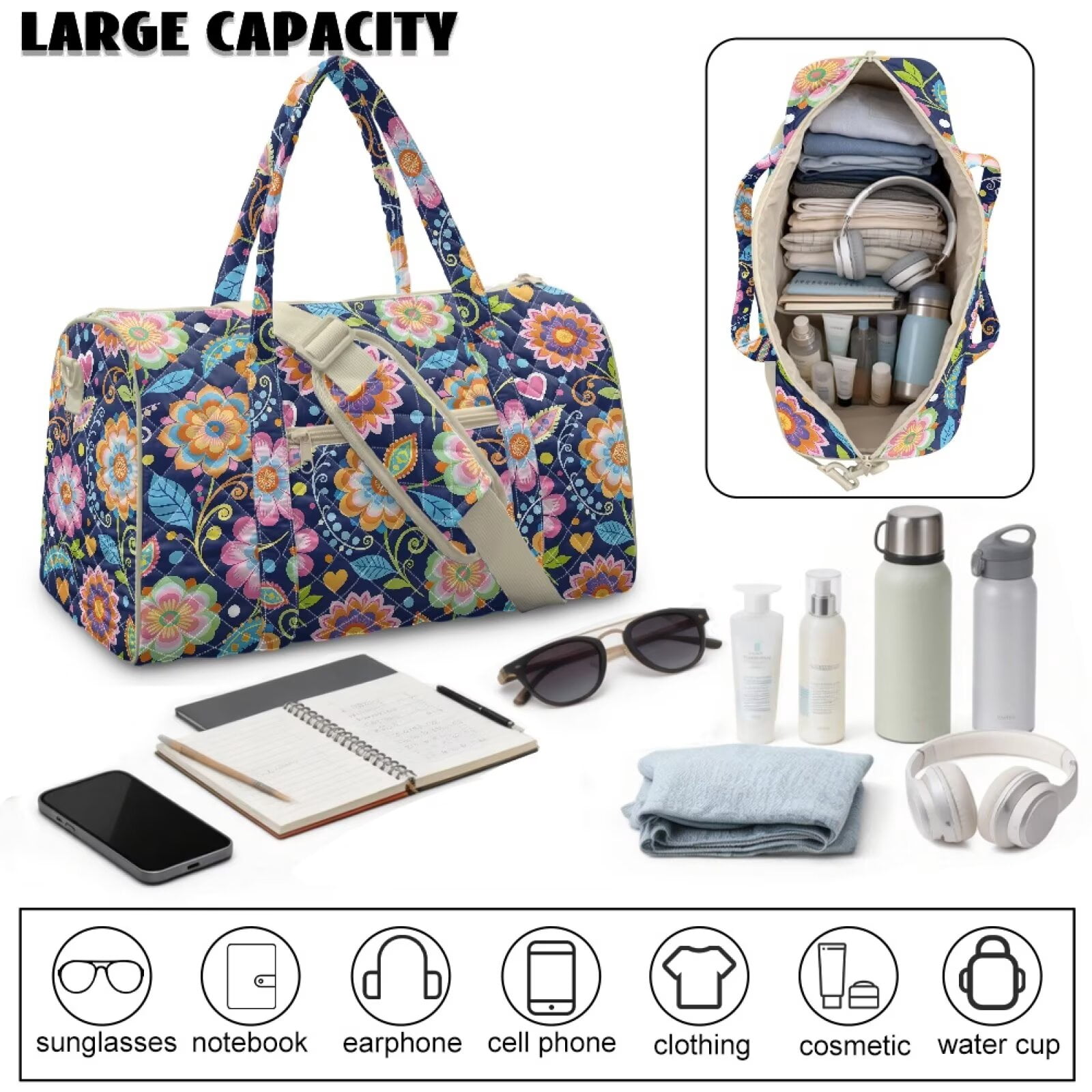 Pzuqiu Floral Quilted Weekender Bag for Women Large Puffer Duffle Bag, Lightweight Travel Carry On Tote Overnight Gym Bags with Luggage Sleeve for Travel, Work, Beach