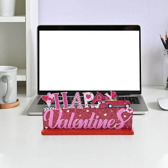 Clearance Under $5!Yyuenw Valentine's Day Decorations, Love Sign, Happy Valentines Day Be Mine Table Centerpieces, Glitter Pink and Red Love Hearts Holiday Wooden Signs for Home Party