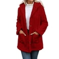 thumbnail image 2 of Tusihei Women's Collared Hooded Long Sleeve Fuzzy Coat Warm Button Down Cardigan Outerwear Casual Fall Winter Solid Sweater Jacket, Red S, 2 of 9
