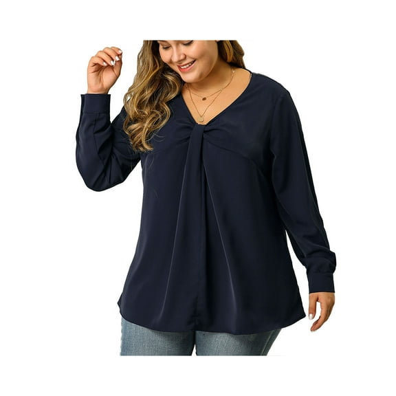 MODA NOVA Junior's Plus V Neck Long Sleeve Twist Knot Top Dark Blue 2X