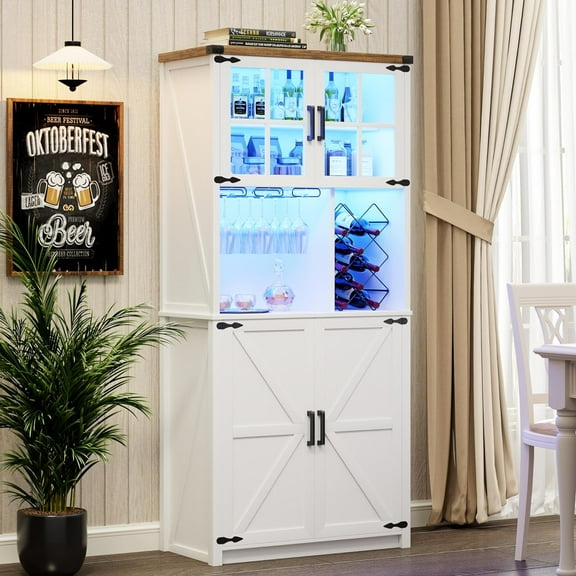 Farmhouse Bar Cabinet with LED Light, 68'' Tall Liquor Cabinets with Wine & Glass Holder, Large Kitchen Hutch with Doors and Storage Shelves, Wood Coffee Bar Sideboard Buffet