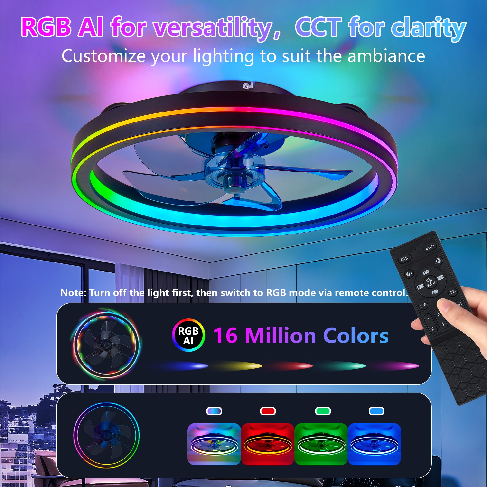 Miniyam 19" RGB Ceiling Fan with Lights and Remote Control, 6 Speed Low Profile Ceiling Fans with Lights, 3 CCTS Modern Bladeless Fandelier, Black