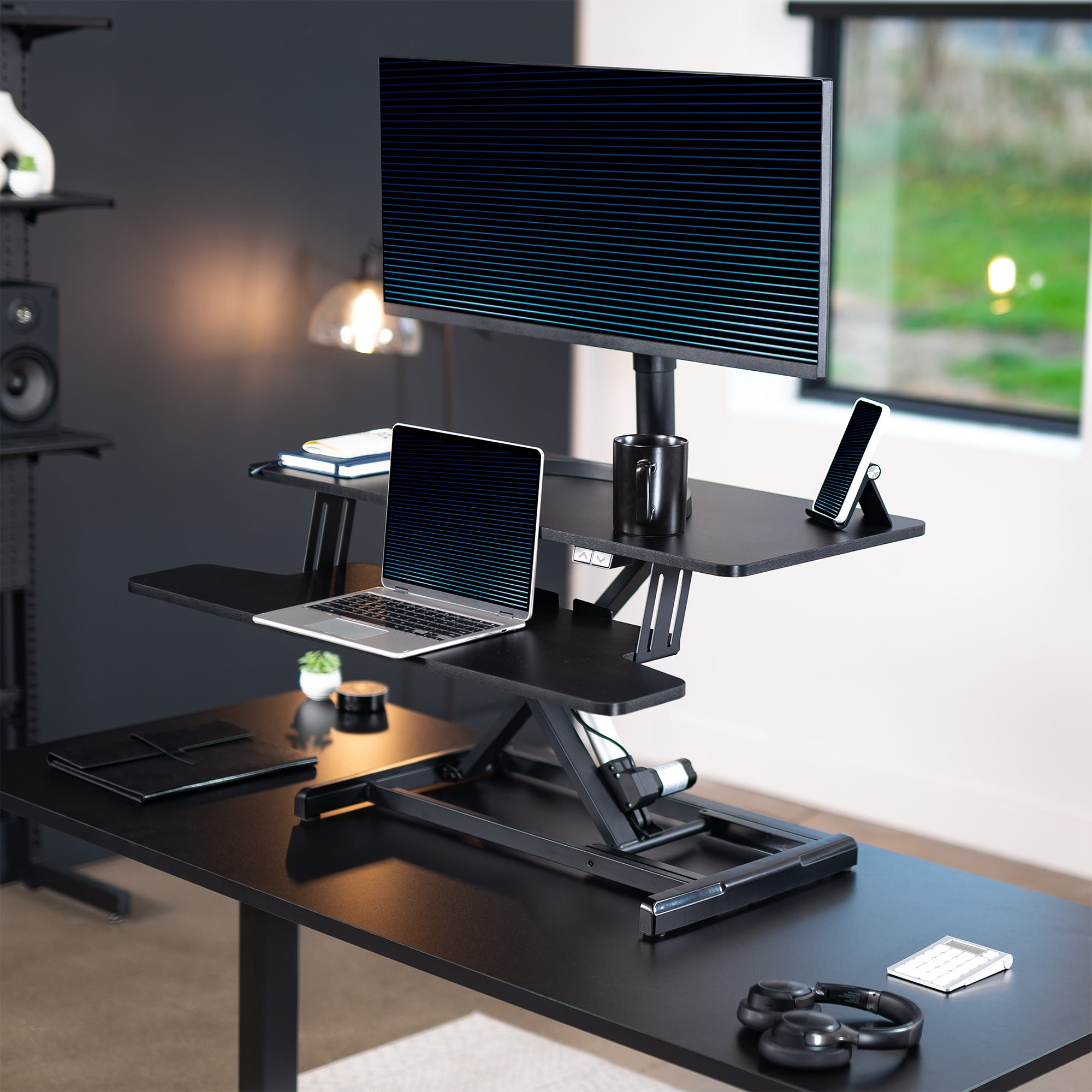VIVO Black Electric 36" Standing Desk Monitor Riser, Dual Arm Sit Stand Tabletop