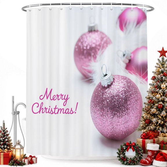 Merry Christmas Colored Ball Shower Curtain for Bathroom, Luxury Pink and White Waterproof Shower Curtains Washable Quick Dry with Hooks Bathtub Curtains 36x72IN