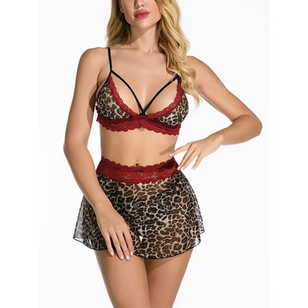 

LAPA Women Bralette Bra Underwear Thongs Skirt 3 Piece Set Leopard Print Lingerie
