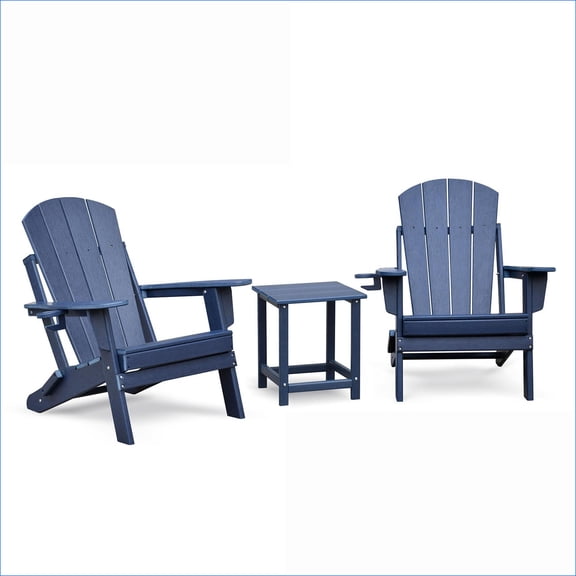 Patio 3-Piece Folding Adirondack Chair Set, All-Weather for Backyard Deck Fire Pit | HDPE | navy blue