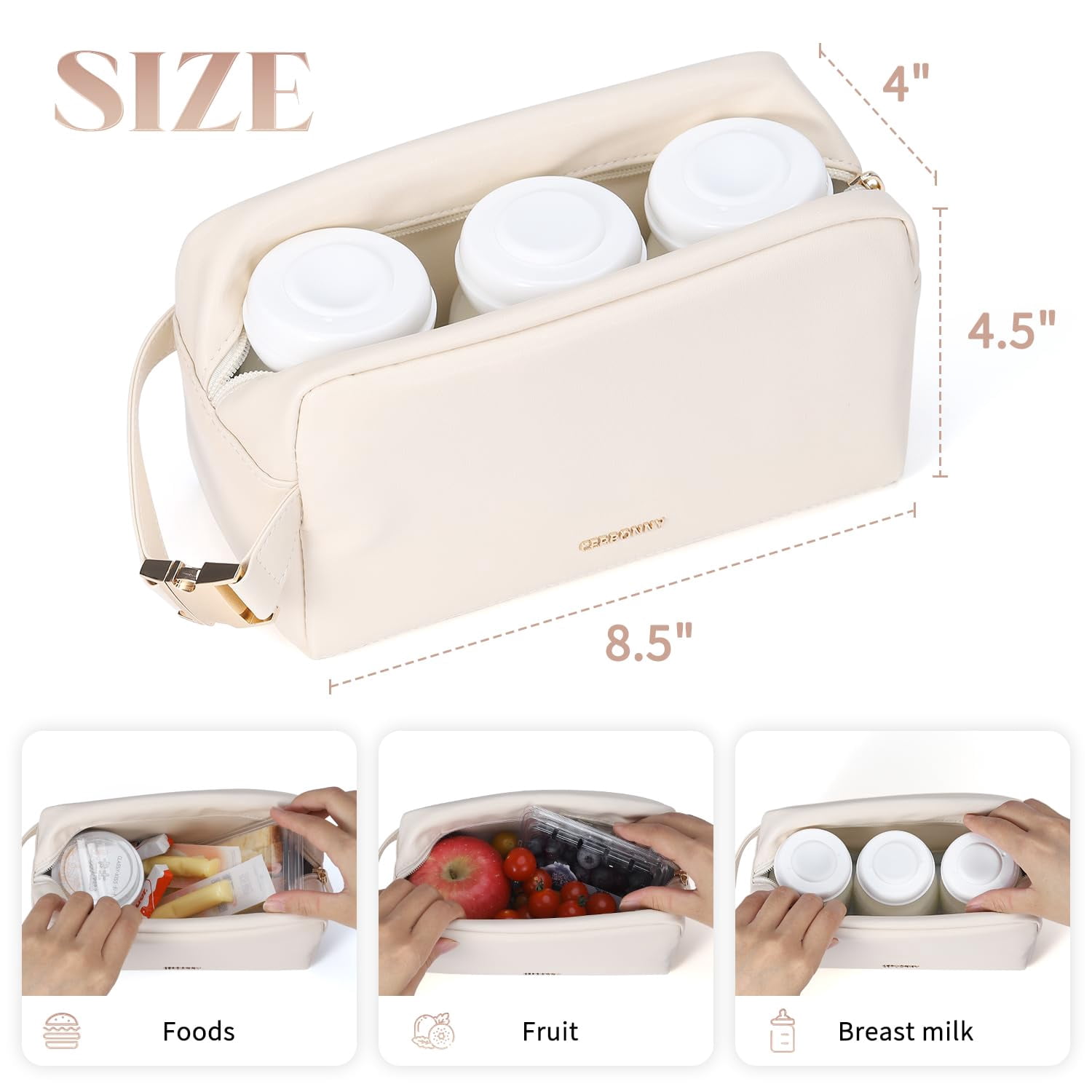 Insulated Snack bag,Lunch Bags For Women,Small Lunch Bag,Built-in Ice Packs to Keep Food Fresh,Small Cooler,Breast Milk Cooler,Suitable For Work and Travel（Beige）