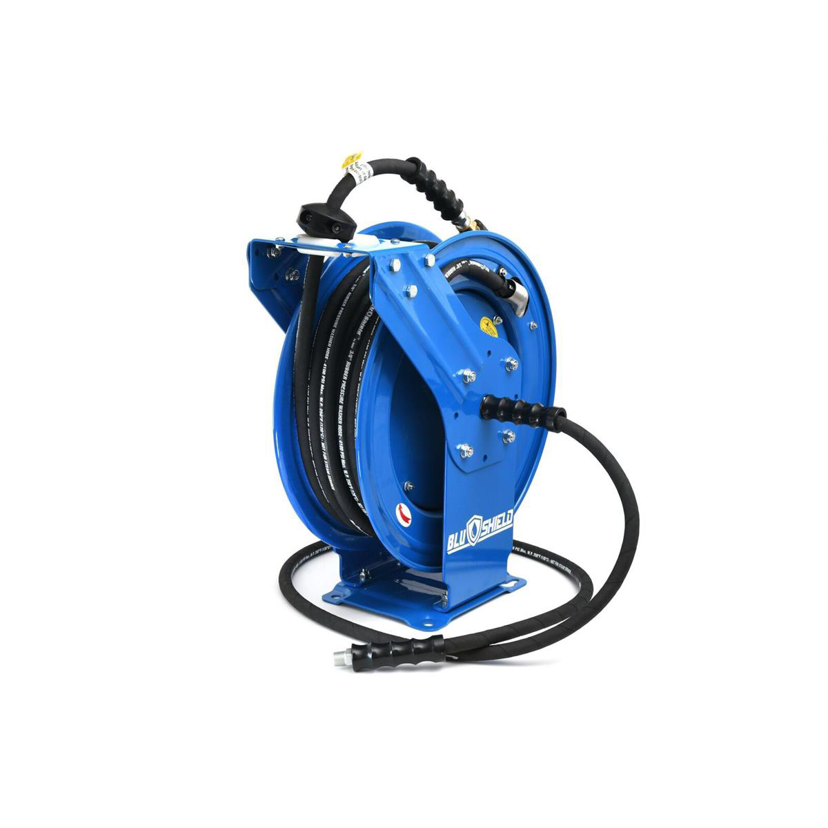 Blu Shield 3/8" Pressure Washer Hose Reel with Aramid Braided Non Marking Hose, 6' Lead-in Hose, Dual Arm Heavy Duty - 50 Feet