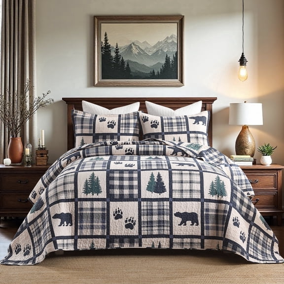 Queen Quilt Set, 100% Cotton Cabin Bedding Gingham Patchwork, Bear Forest Theme Lightweight Bedspread for Queen Bed, All Season, 3 Piece, Navy Blue