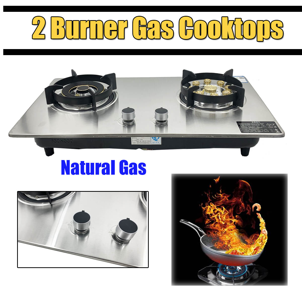 TABODD Gas Stove Gas Cooktop 2 Burners, 28 Inches Portable Stainless Steel Built-in Gas Hob Dual Fuel Easy to Clean for RVs, Apartments, Outdoor