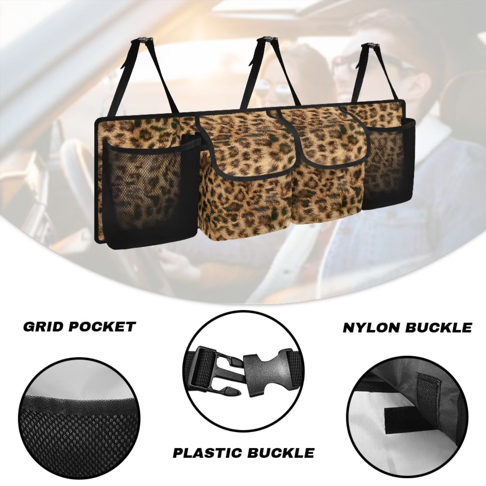 KUIFORTI Car Trunk Organizer Brown Leopard Print Car Storage Organizer Stylish Back of Car Seat Organizer, Breathable Car Trunk Organizer for Sedan, SUV, Trucks, Van