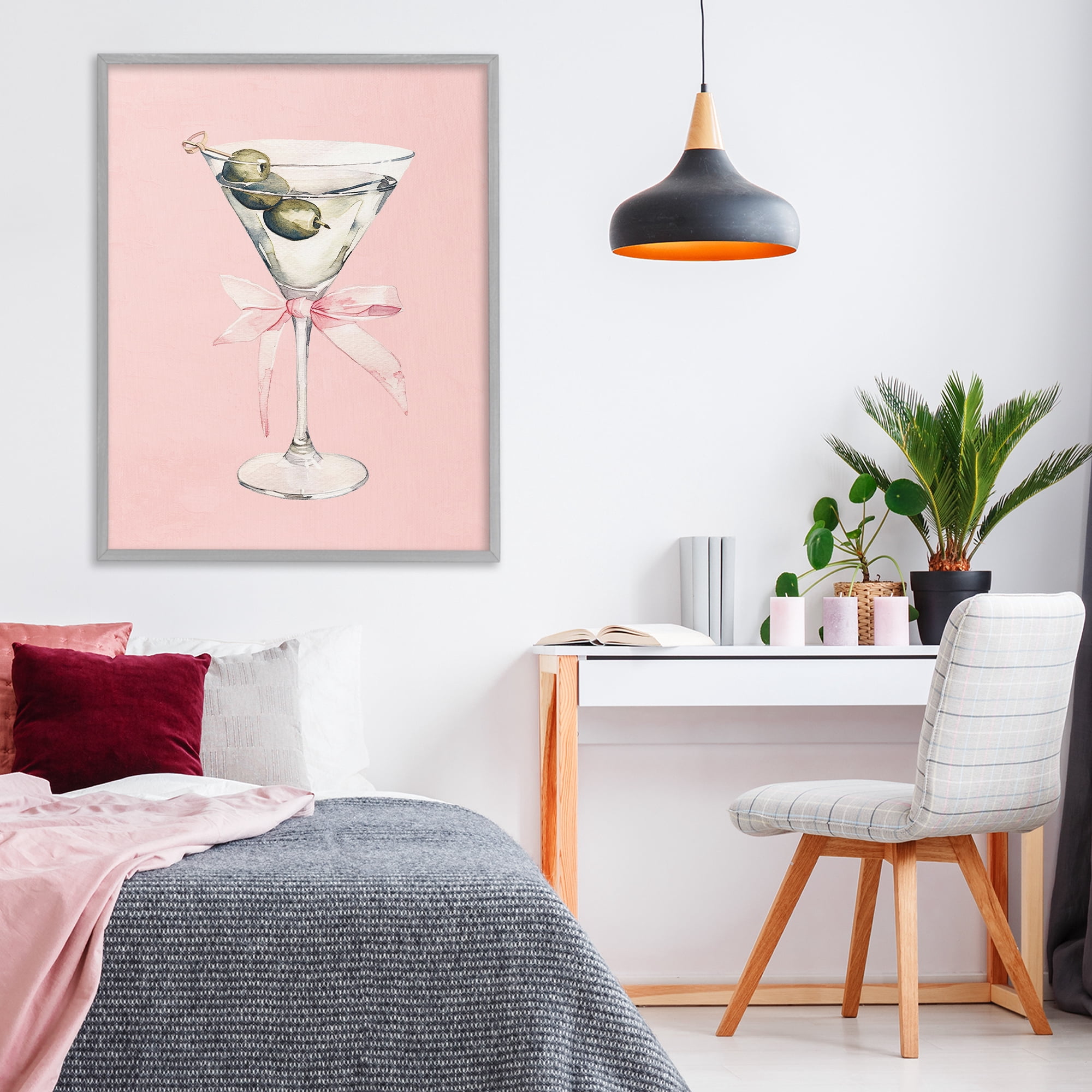 Stupell Industries Martini with Pink Bow Gray Framed Giclee Art, design by Kim Allen