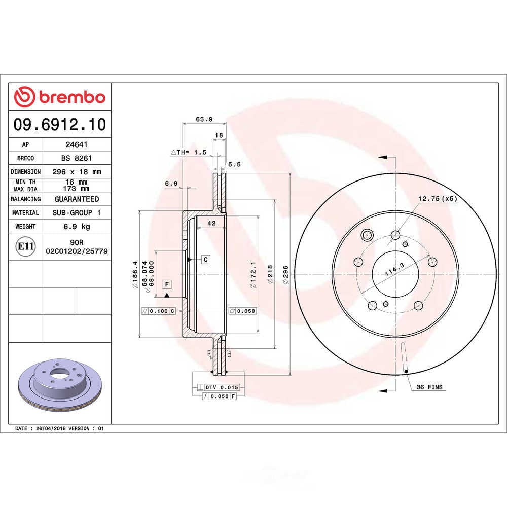 Rear Vented Disc Brake Rotor 296 mm 5 Lugs Brembo 09.6912.10 For Nissan 300ZX Fits select: 1991 NISSAN 300ZX TURBO
