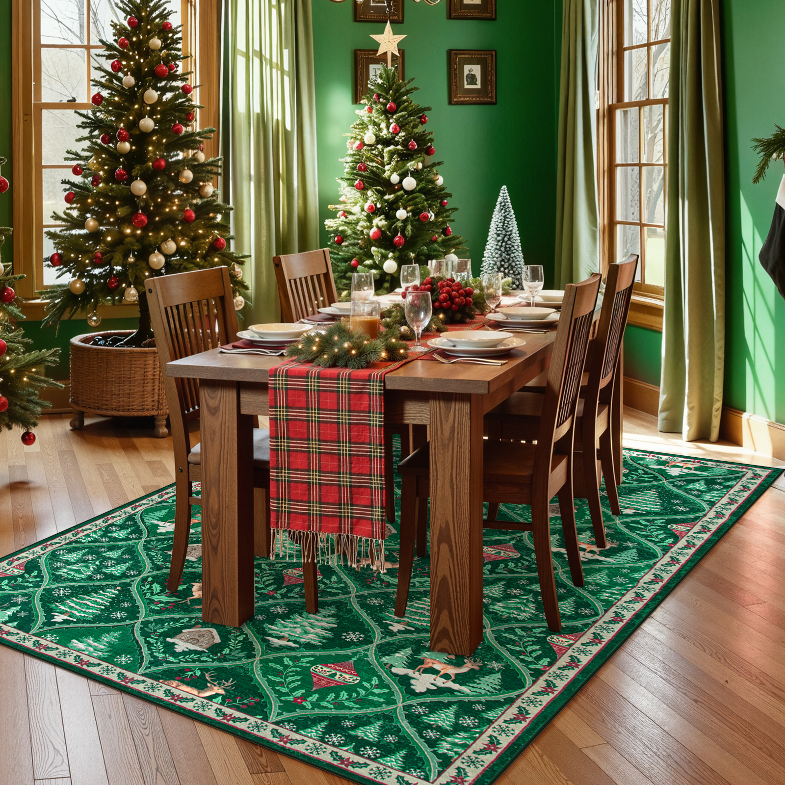 Moynesa 5'x7' Christmas Area Rug for Living Room,Green Rug Xmas Tree Modern Rug Kitchen Rug Washable Rug Non Slip Moroccan Carpet Holiday Decor Geometric Soft Accent Rug for Bedroom Dining Room