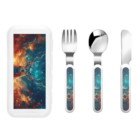 

Easygdp Celestial Stag Cosmic Glow 3-Piece Flatware Set Kids Silverware Stainless Steel Toddler Kids Utensils Safe for Preschooler Children