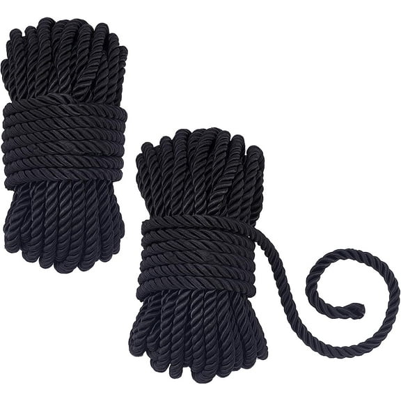 65 Feet Black Rope for Crafts 6mm Twisted Silk Ropes Soft Polyester Rope Silk Touch Twisted Cord for Sewing Home Décor Upholstery Curtain Tieback Honor Cord Gift Wrapping