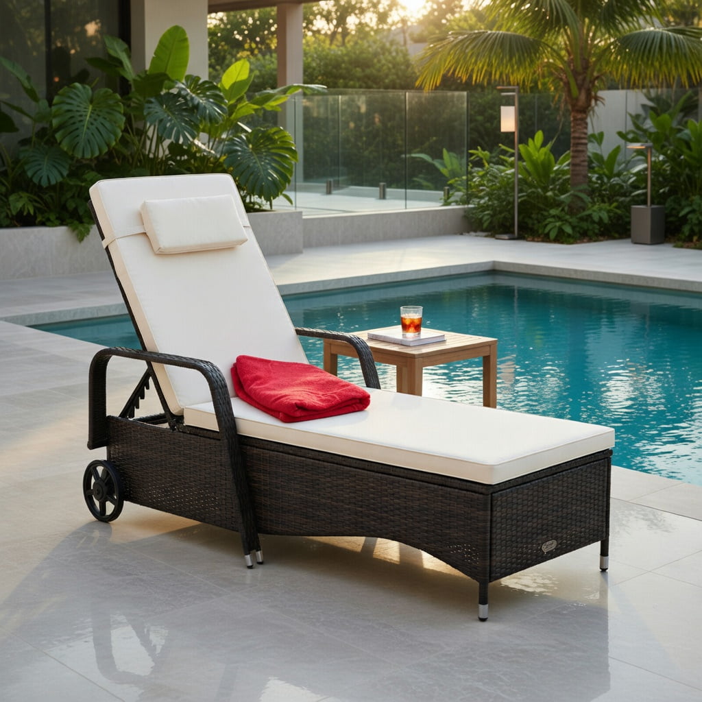Hommoo Adjustable Outdoor Reclining Chaise Lounge Chair with Cushioned Seat, PE Rattan & Steel Frame, for Pool, Patio, Garden & Balcony, White