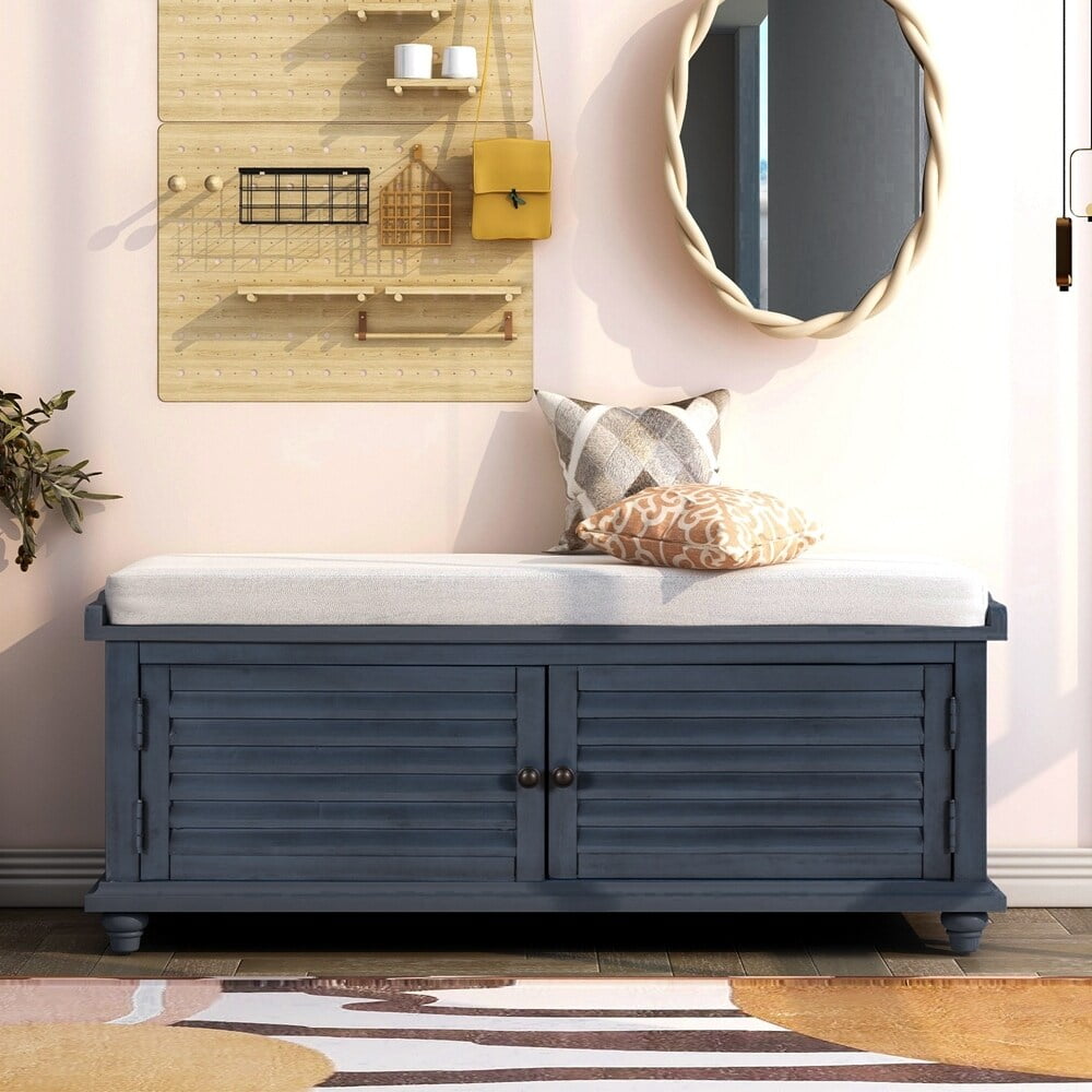 Storage Bench with Removable Cushion, Louver Design Wooden Shoe Bench
