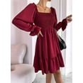 thumbnail image 5 of Women'S Square Neck Lantern Long Sleeve Ruffle Shirred Flowy Party Mini Dress Wine Red XL, 5 of 6