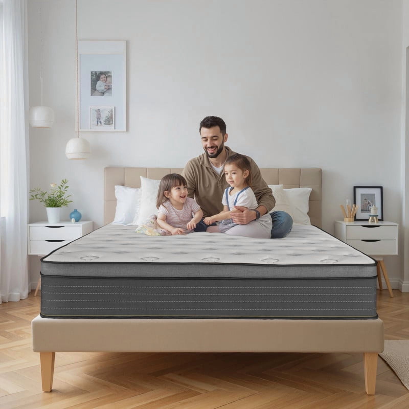 12" King Hybrid Mattress, Memory Foam Pocket Springs in a Box, Medium Firm, Shoulder and Back Pain Relief, Breathable Comfort Fabric, Zero Rocking, 7-Zone Lumbar Support 180 Night Trial