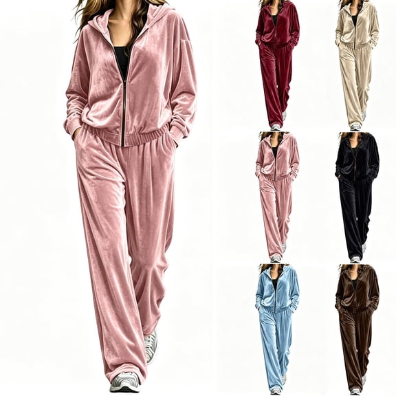 Women's 2 Piece Velour Tracksuit Set Zip up Long Sleeve Hooded Jacket and Wide Leg Pants Fall Winter Solid Velvet Casual Outfit for Daily Walking and Leisure Wear S-5XL Sky Blue