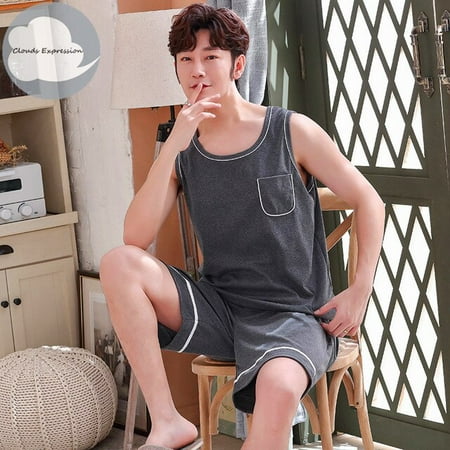 

QWZNDZGR Summer Men Pyjamas Sleeveless Cotton Cartoon Pajamas Set Casual Sleepwear Pyjamas Night Suits Pijamas Plus Size 4XL Homewear