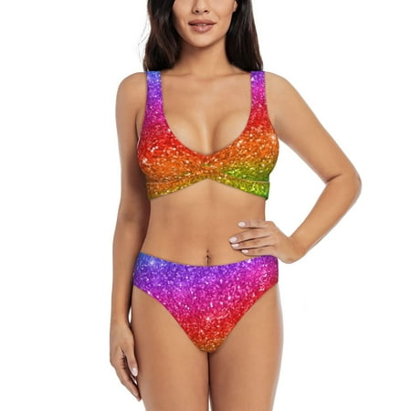 Zeuib Colorful Glitter High Waisted Tummy Control Bikini Set - Knot Front Push Up Top & Cheeky Thong Bottom  Two-Piece Swimsuit for Women-Medium