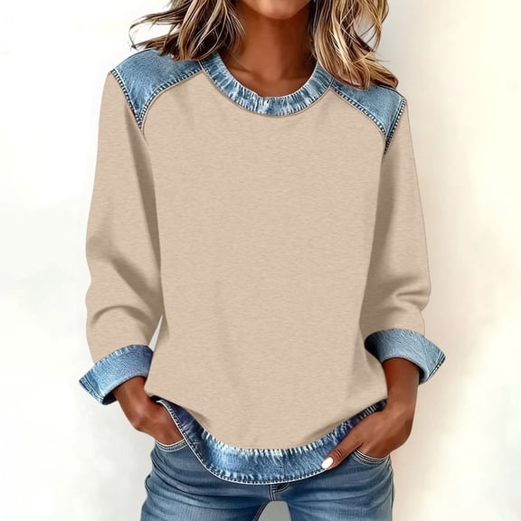 Women's Denim Trim Sweatshirt, Crewneck Pullover with Denim Accents, Long Sleeve Casual Loose Fit Top, Streetwear Fashion Crewneck Sweatshirt Beige L