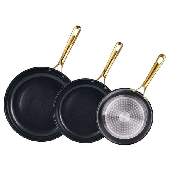 Chef Power 3 Pcs Non-Stick Ceramic Pots and Pans Set, with Stainless Steel Light Gold Handles, Stone Black, Dishwasher and Oven Safe