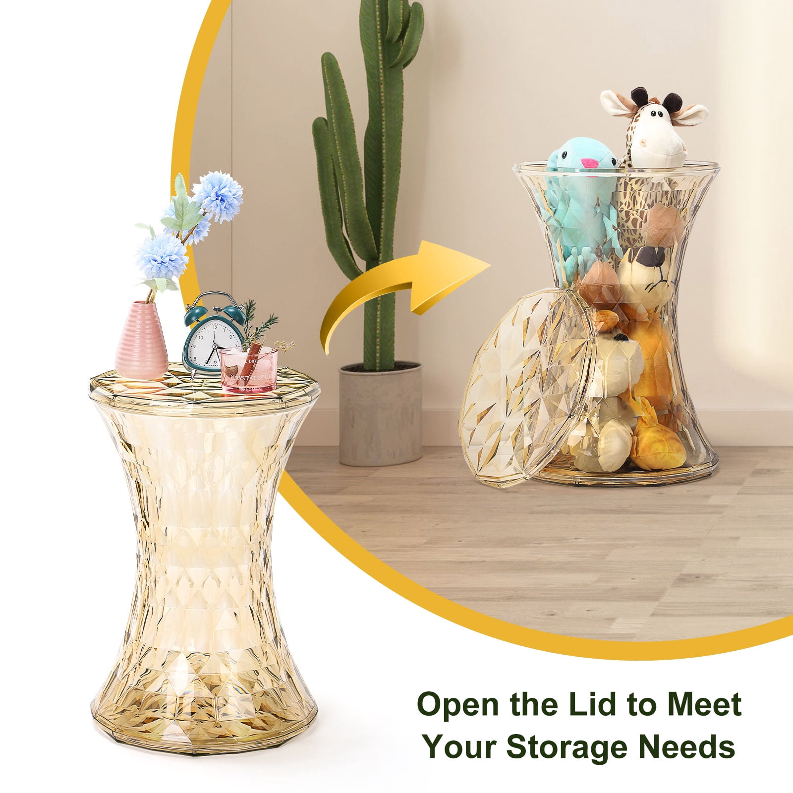 Plastic Hourglass Side Table Bedroom Nightstand, Transparent Gold