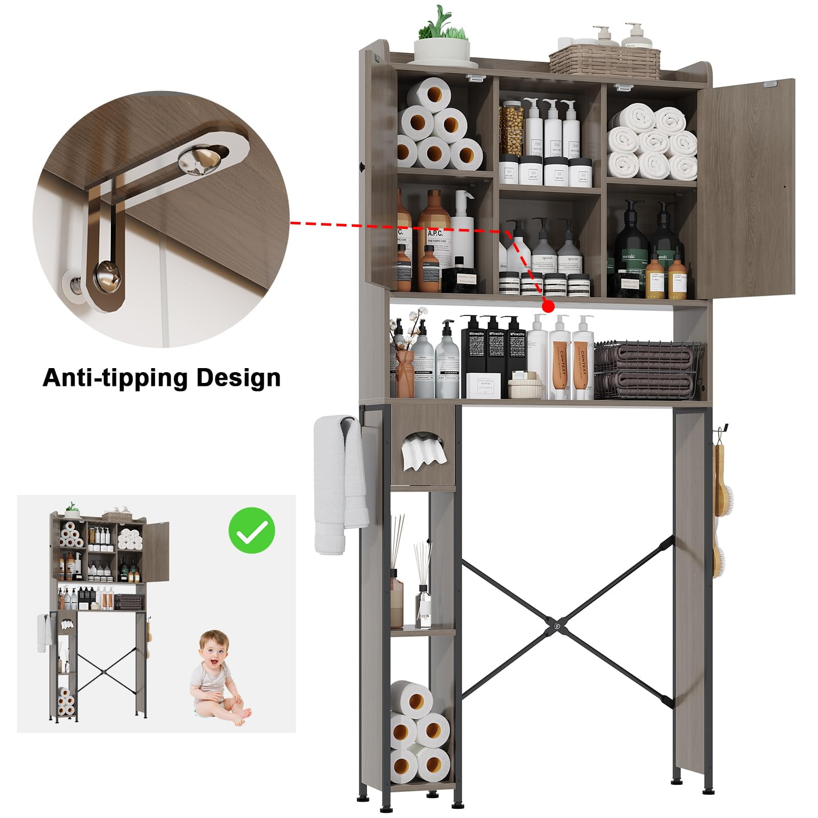 POAO Over the Toilet Storage Cabinet with Metal Frame &7 Storage Shelves,Bathroom Storage Organizer with Adjustable Shelves &Paper Holder,Oak Grey